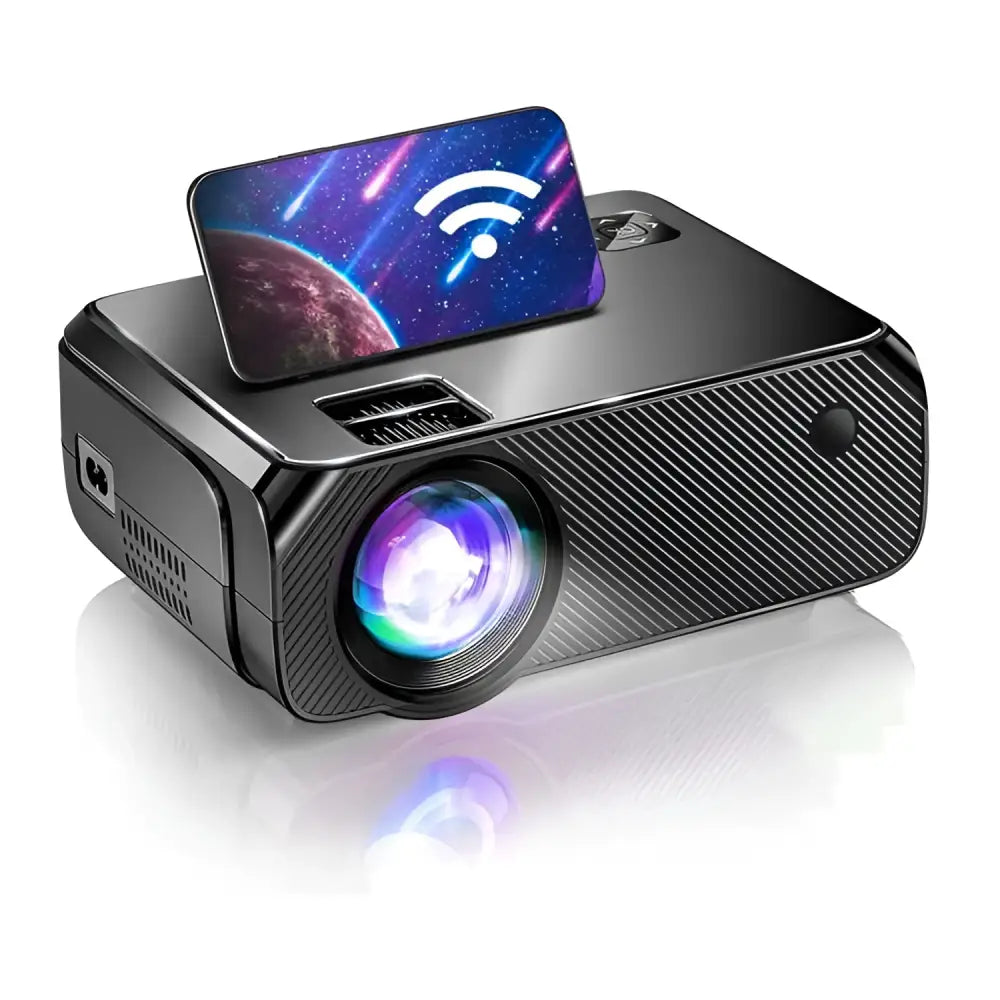 Compact black high definition screen projector home with textured carbon-fiber pattern and glowing lens