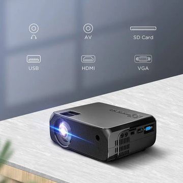 Compact black high definition screen projector home with textured surface and multiple connectivity ports shown from back