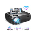 Compact black high definition screen projector with carbon fiber texture and miracast wireless streaming for home use