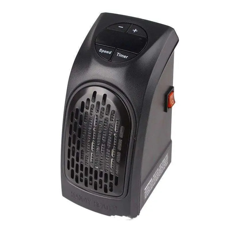 Black plastic compact ceramic heating fan heater with curved design and top control buttons for speed and timer