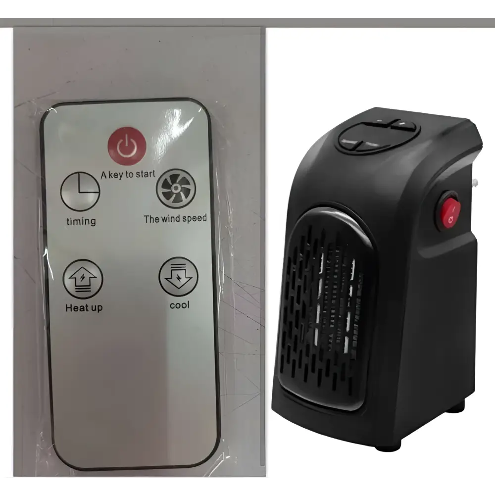 Black compact ceramic heating fan heater with red power button and control panel on top for efficient heating