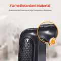Black compact ceramic heating fan heater with flame retardant material and textured vent grille design