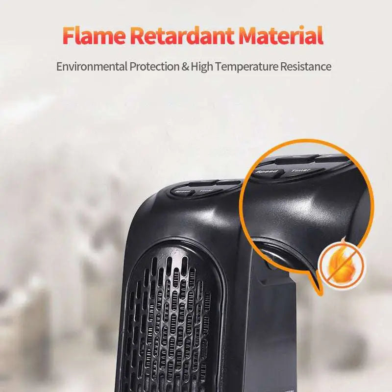 Black compact ceramic heating fan heater with flame retardant material and textured vent grille design