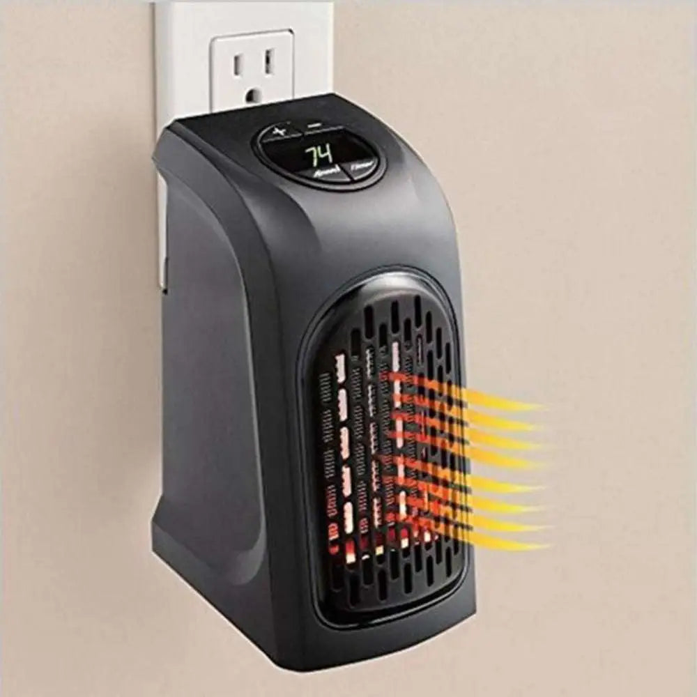 Black compact ceramic heating fan heater with digital display and visible heating elements through vented front panel