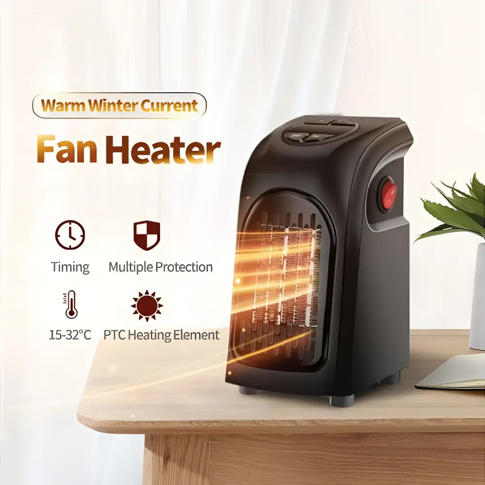 Compact ceramic heating fan heater in black with visible ptc heating element and red power button