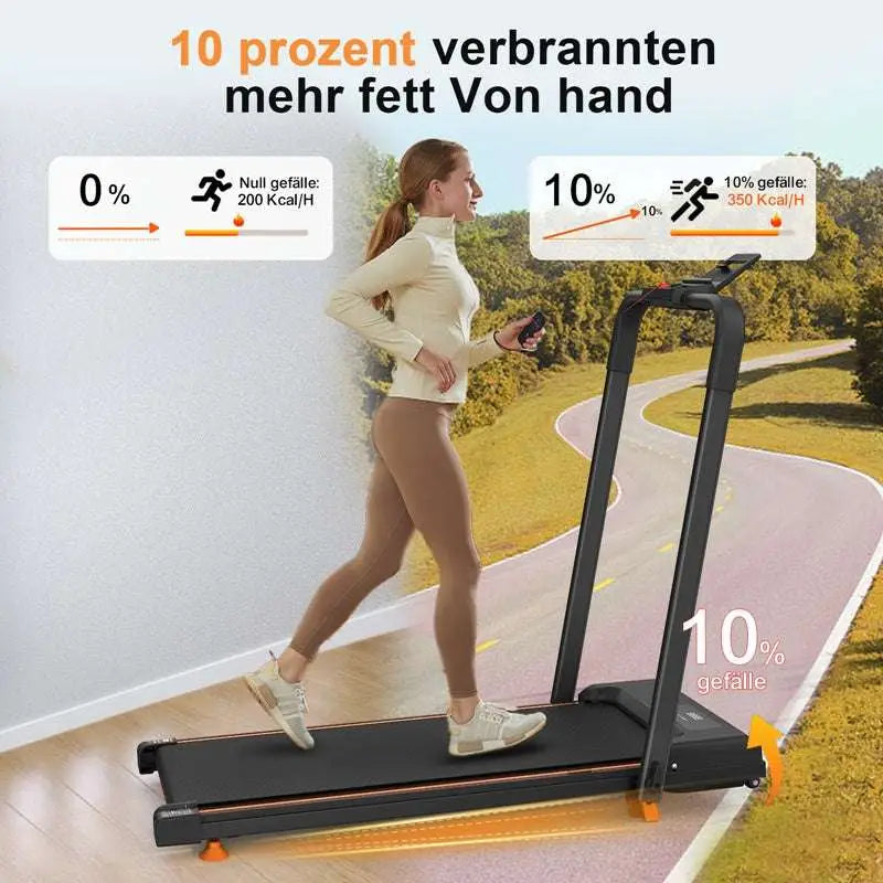 Black compact desktop treadmill with orange accents and digital display panel for home office desk use