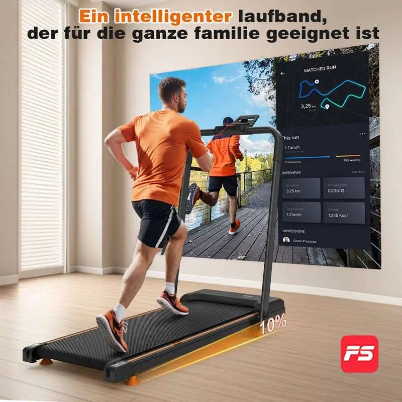 Black and orange compact desktop treadmill with digital display showing running metrics for home office desk use