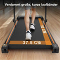 Black and orange compact desktop treadmill with textured running belt and metal frame for home office desk use