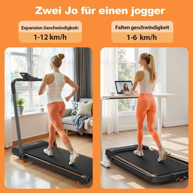 Black compact desktop treadmill with gold trim and digital display panel for home office desk use