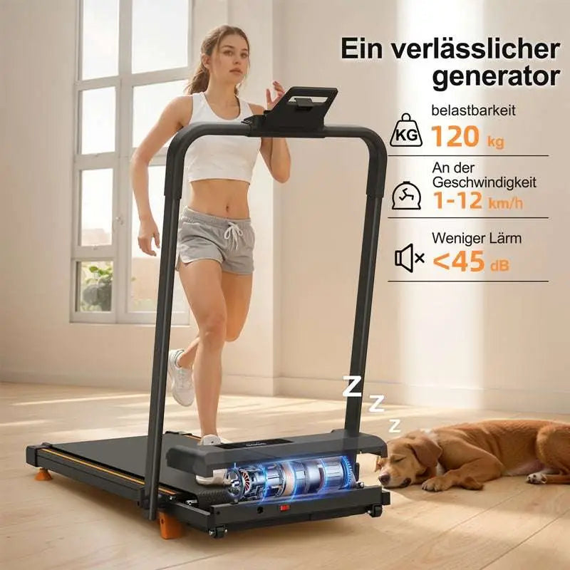 Black compact desktop treadmill with orange accent feet and digital display panel for home office desk use