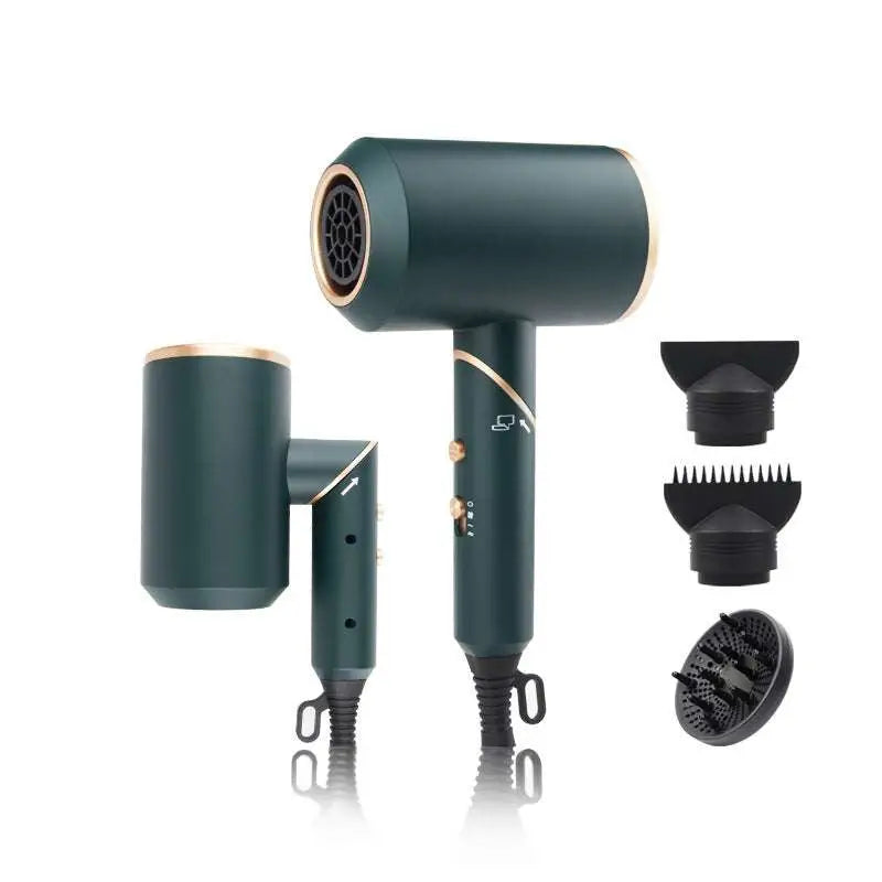 Compact folding style hair dryer in dark green folding with gold accents and wind nozzle multiple attachments