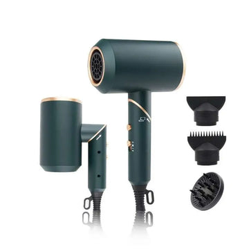 Compact folding style hair dryer in dark green folding with gold accents and wind nozzle multiple attachments