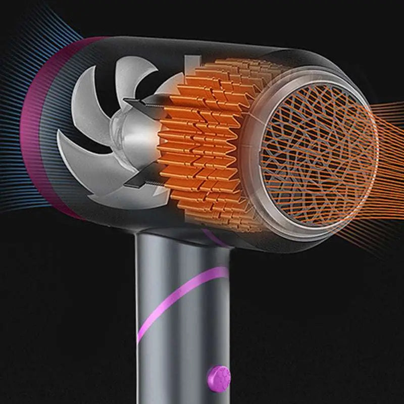 Compact folding style hair dryer with wind nozzle in silver and purple and transparent design revealing components