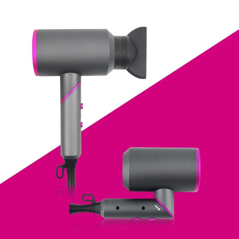 Compact folding style hair dryer in dark green folding with gold accents and wind nozzle multiple attachments