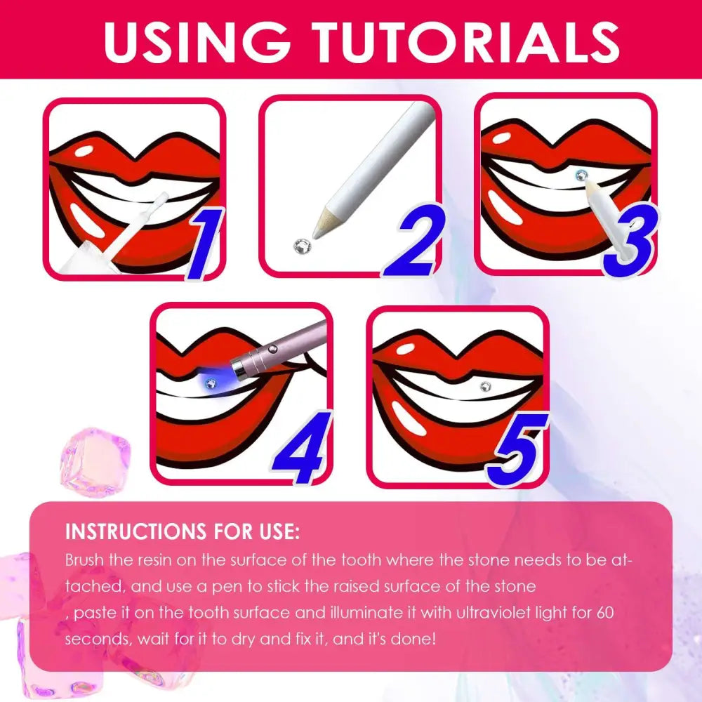 White pencil-like applicator with pointed tip for resin application in complete tooth gem kit for tooth decoration