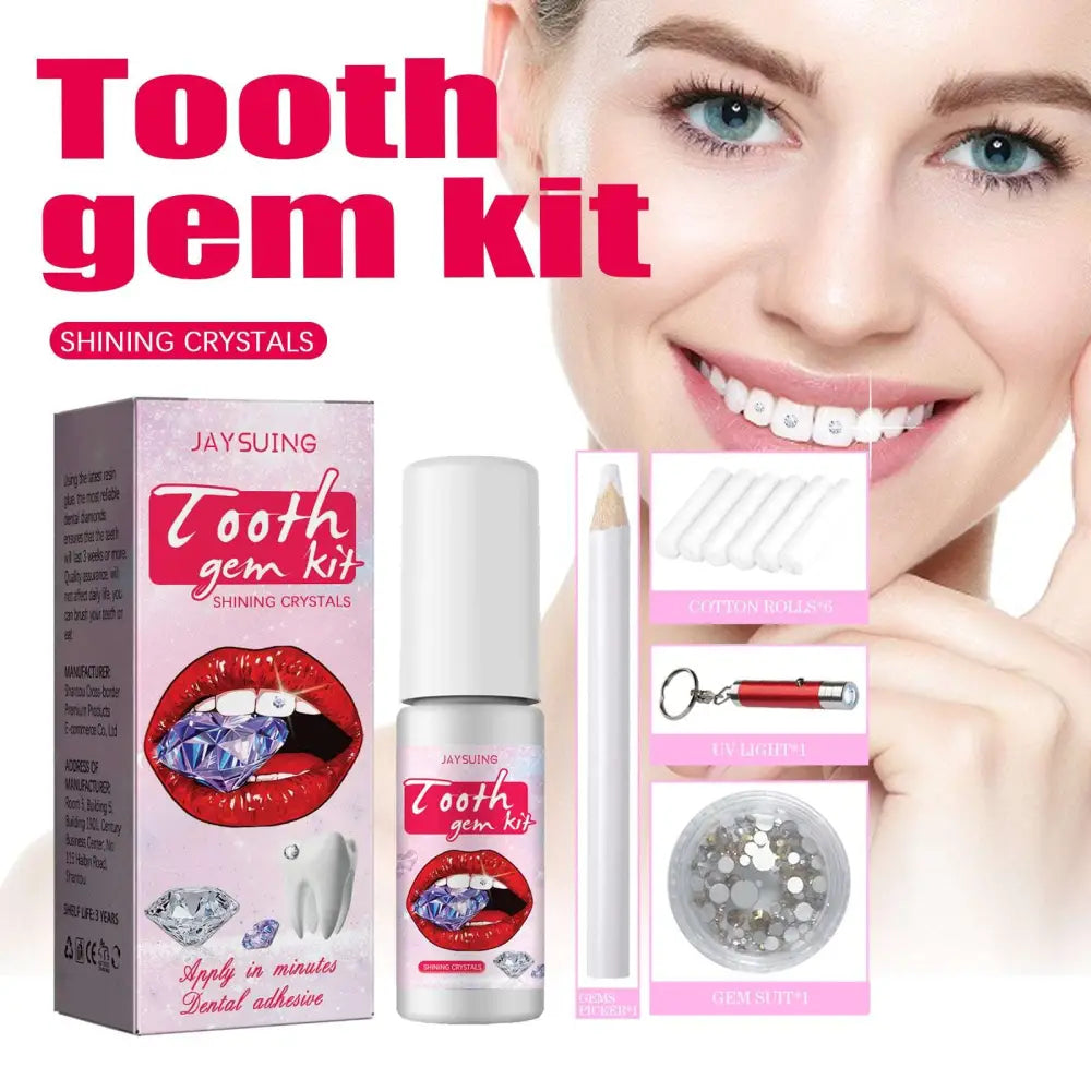 Complete tooth gem kit with adhesive and light in pink and white includes tooth decoration tools and sparkling gemstones