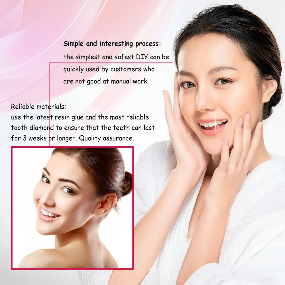 A woman smiles wearing clear shiny temporary braces from the complete tooth gem kit for tooth decoration