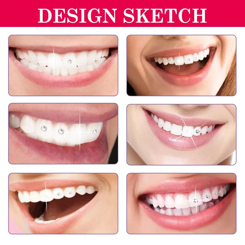 Clear sparkling rhinestone tooth gems in a complete tooth gem kit with adhesive and light for cosmetic tooth decoration