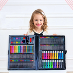 A child holds open a black plastic case of a comprehensive watercolor pen and colorful crayons art kit