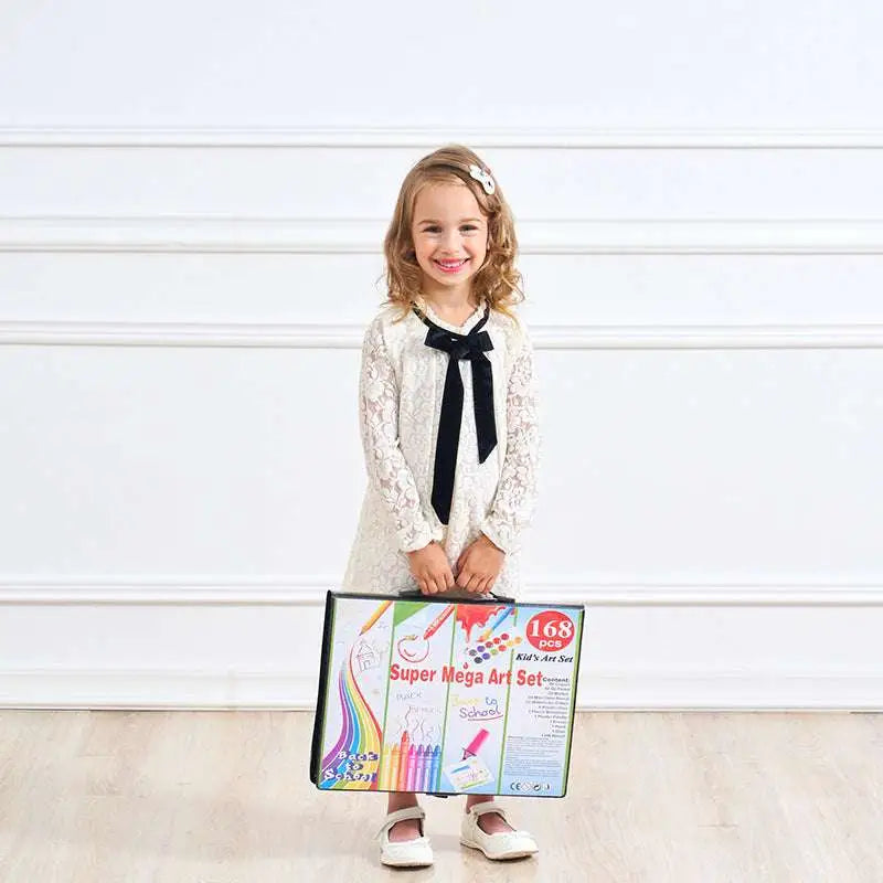 Comprehensive watercolor pen and painting set in a colorful rectangular box with colorful crayons and black plastic case