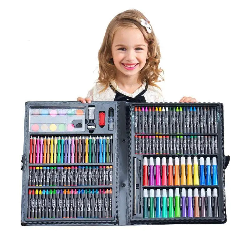 Black plastic case containing a comprehensive watercolor pen and painting set with colorful crayons and markers
