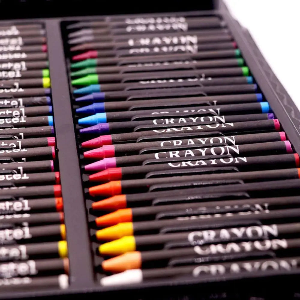 A comprehensive watercolor pen set featuring colorful crayons with vibrant tips in a black plastic case