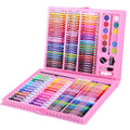Comprehensive watercolor pen and painting set in pink plastic case with 100+ colorful crayons and pencils organized