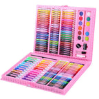 Comprehensive watercolor pen and painting set in pink plastic case with 100+ colorful crayons and pencils organized