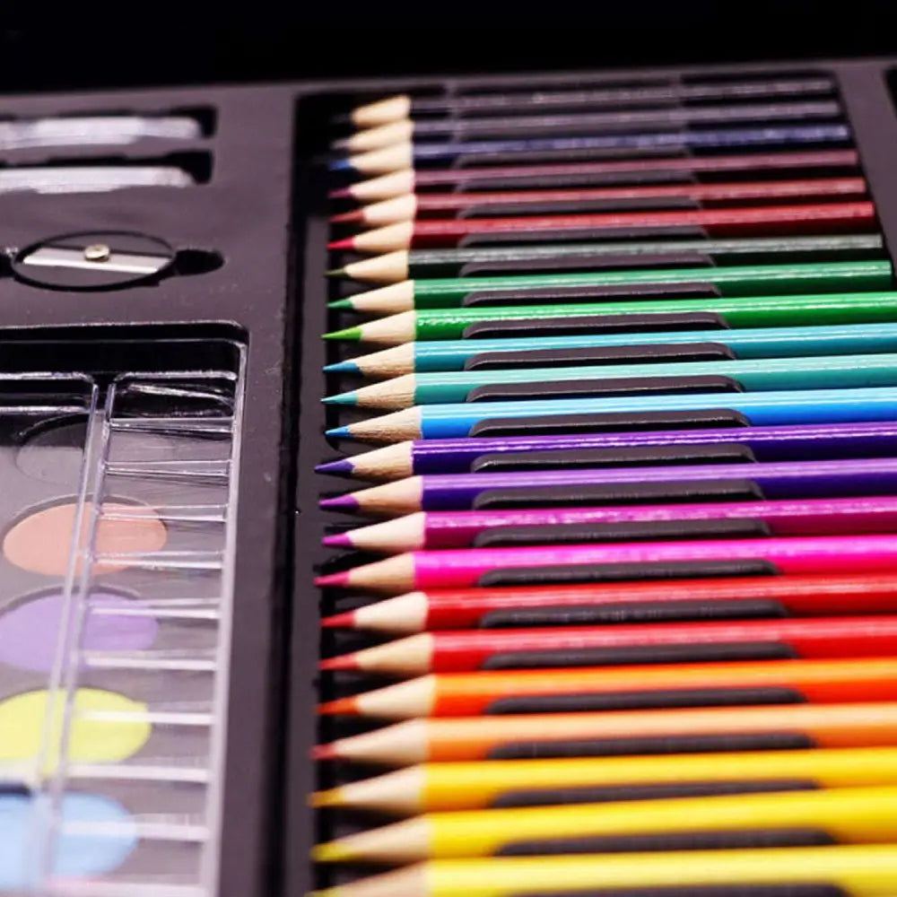 A comprehensive watercolor pen and colorful crayons set featuring wooden barrels with paint stained tips in a black plastic case