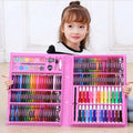 Comprehensive watercolor pen and painting set with colorful crayons and markers in a pink plastic art kit organized compartments