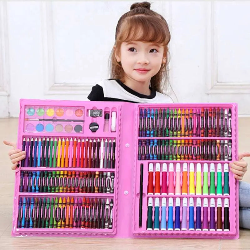 Comprehensive watercolor pen and painting set with colorful crayons and markers in a pink plastic art kit organized compartments