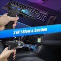 Black handheld 2-in-1 compressed air duster with LED light, textured grip, and transparent dust collection chamber
