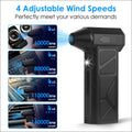 Black handheld compressed air duster with four adjustable wind speed settings and built-in LED light for precise cleaning