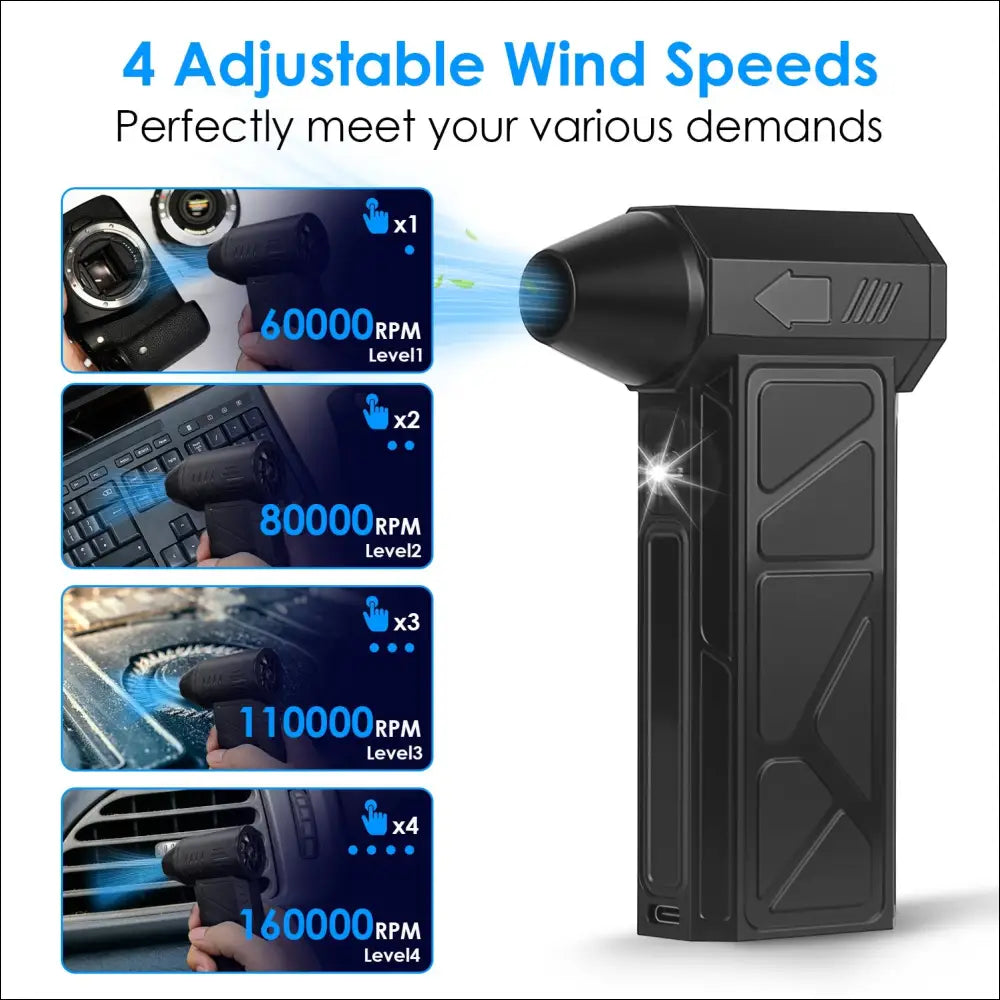Black handheld compressed air duster with four adjustable wind speed settings and built-in LED light for precise cleaning
