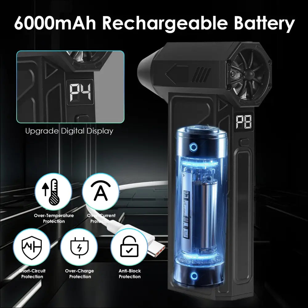 Black compressed air duster with transparent blue glowing water tank and digital upgrade display with LED light