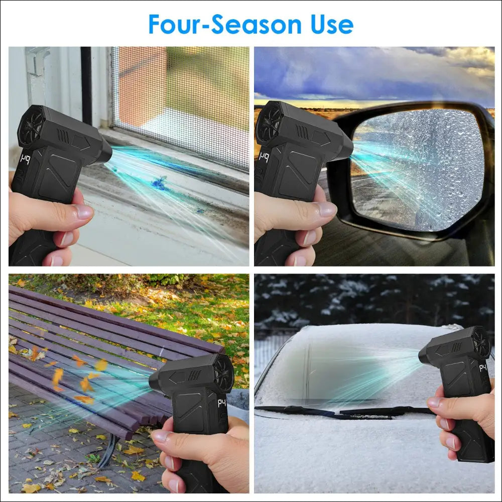 Black handheld compressed air duster with ergonomic textured grip and built-in led light for easy handling and cleaning