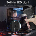 Black handheld compressed air duster with textured grip and led light revealing dust in computer case corners