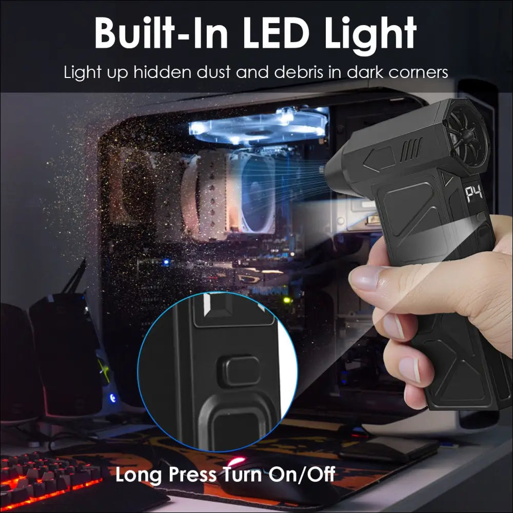Black handheld compressed air duster with textured grip and led light revealing dust in computer case corners