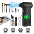 Black handheld compressed air duster with sleek angular design and built-in led light for efficient cleaning