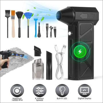 Black handheld compressed air duster with sleek angular design and built-in led light for efficient cleaning