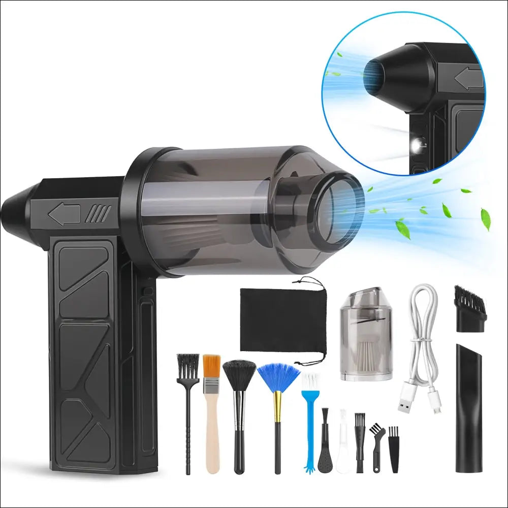 Black handheld vacuum cleaner with transparent dust chamber and assorted tools for compressed air duster with led light uses