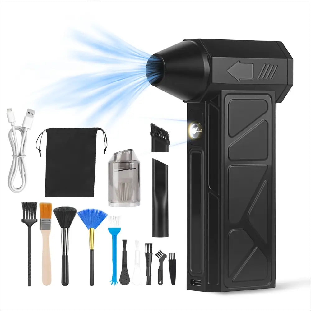 Black handheld compressed air duster with LED light and multiple attachments for versatile cleaning and compressed air use