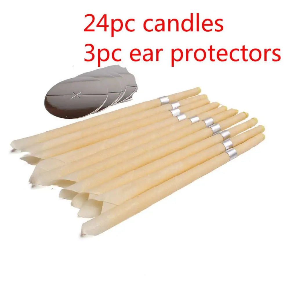 Set of 24 cream-colored natural ear candles made from coning beewax with silver bands for ear healthy care treatment