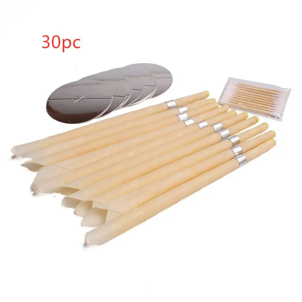 Set of 30pc beige nail art brushes with silver ferrules and metal caps for coning beewax natural ear candle ear healthy care