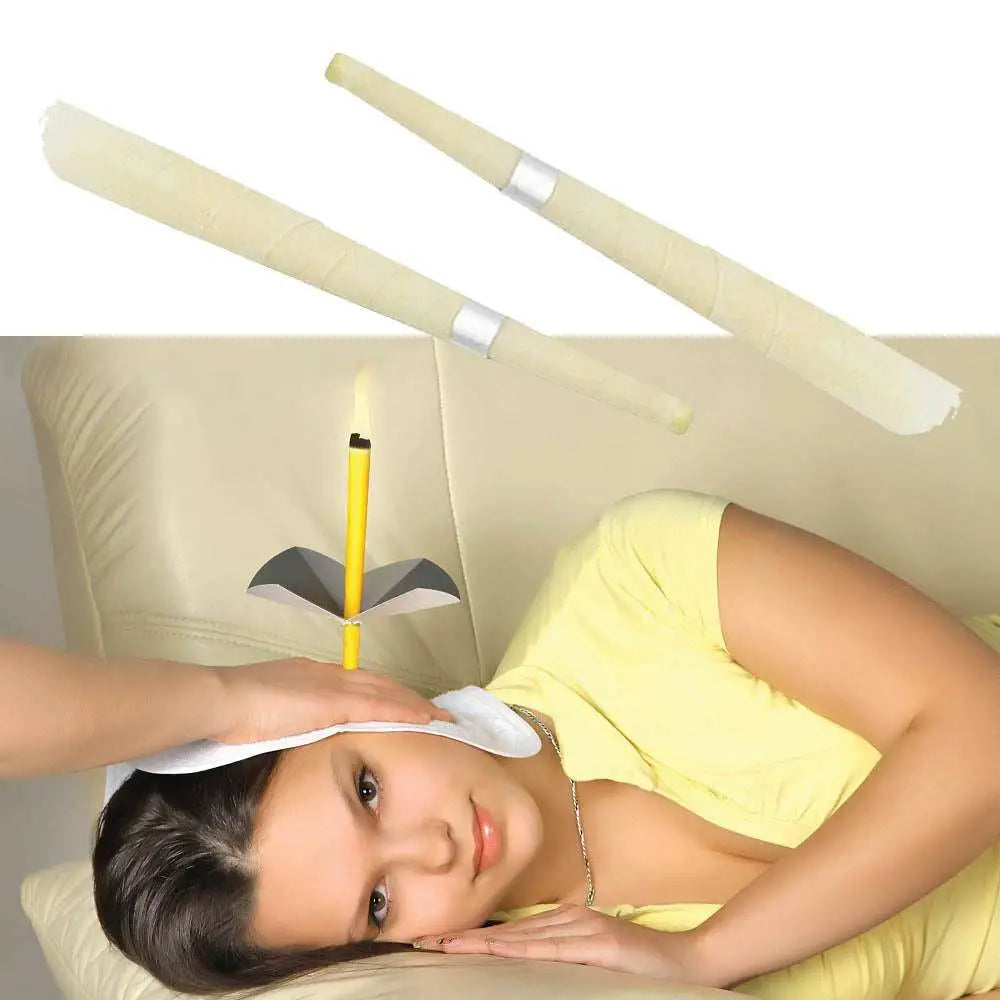 Yellow cylindrical coning beewax natural ear candle sticks with silver metal bands for ear healthy care and wax removal