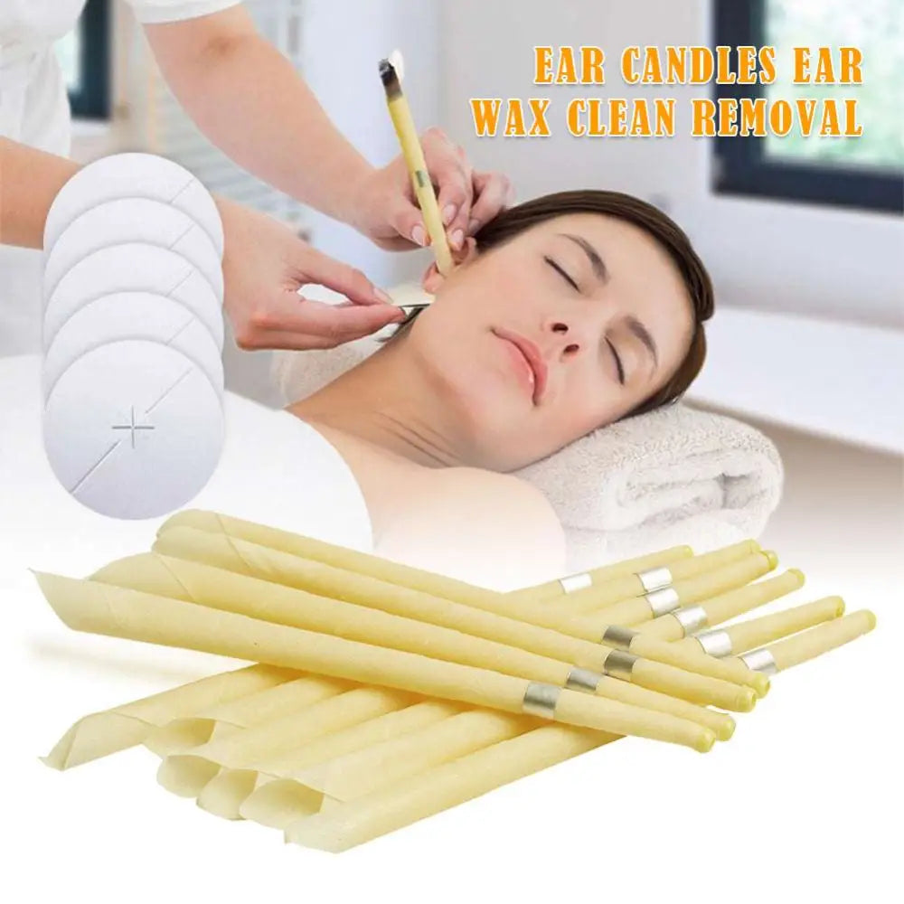 Set of pale yellow natural ear candle made of coning beewax with silver metallic bands for ear healthy care and wax removal