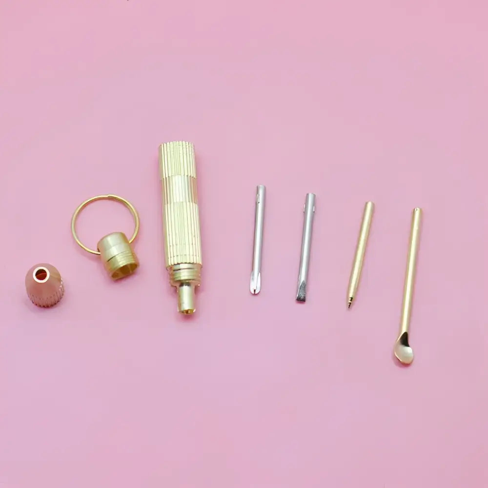 Gold-colored metal ear cleaning tool set with various precision tips and textured handle for coning beewax natural ear candle ear healthy care