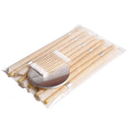 Set of wooden eyelash curlers with silver metal accents and round mirror in clear plastic for coning beewax natural ear healthy care