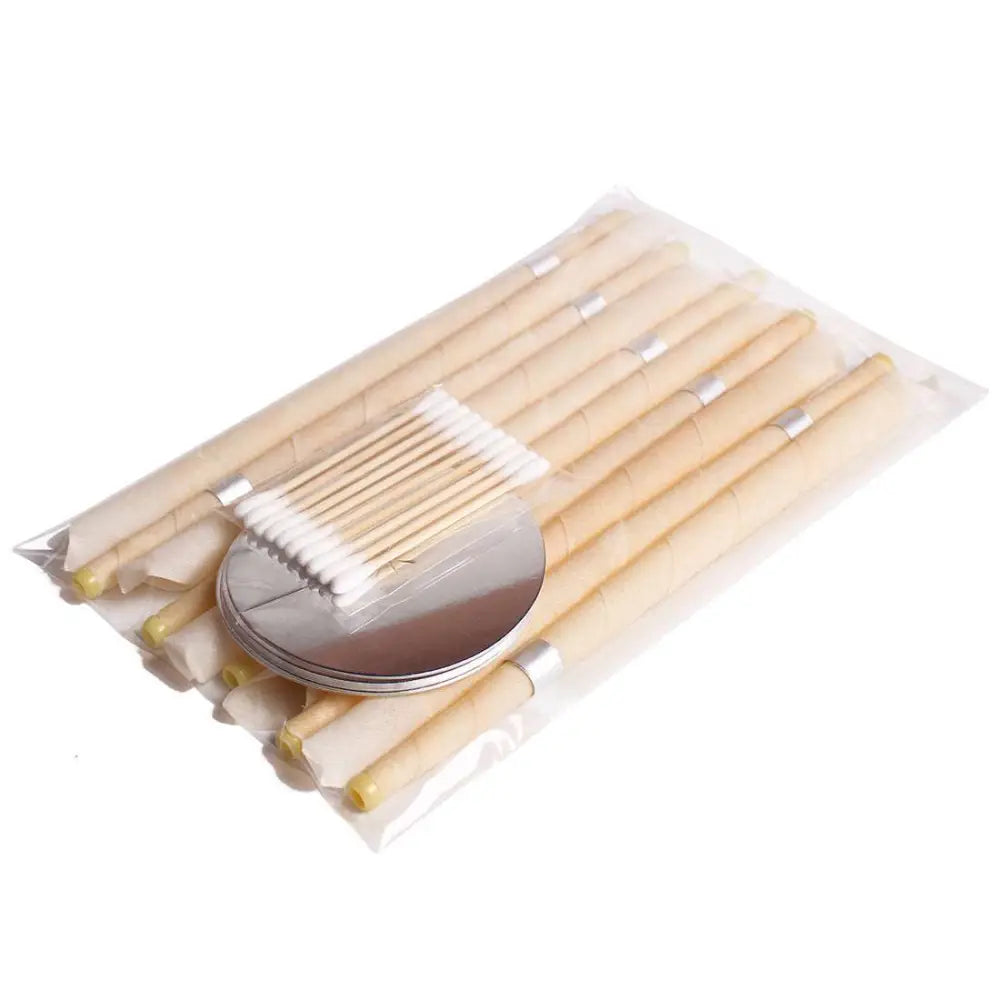 Set of wooden eyelash curlers with silver metal accents and round mirror in clear plastic for coning beewax natural ear healthy care