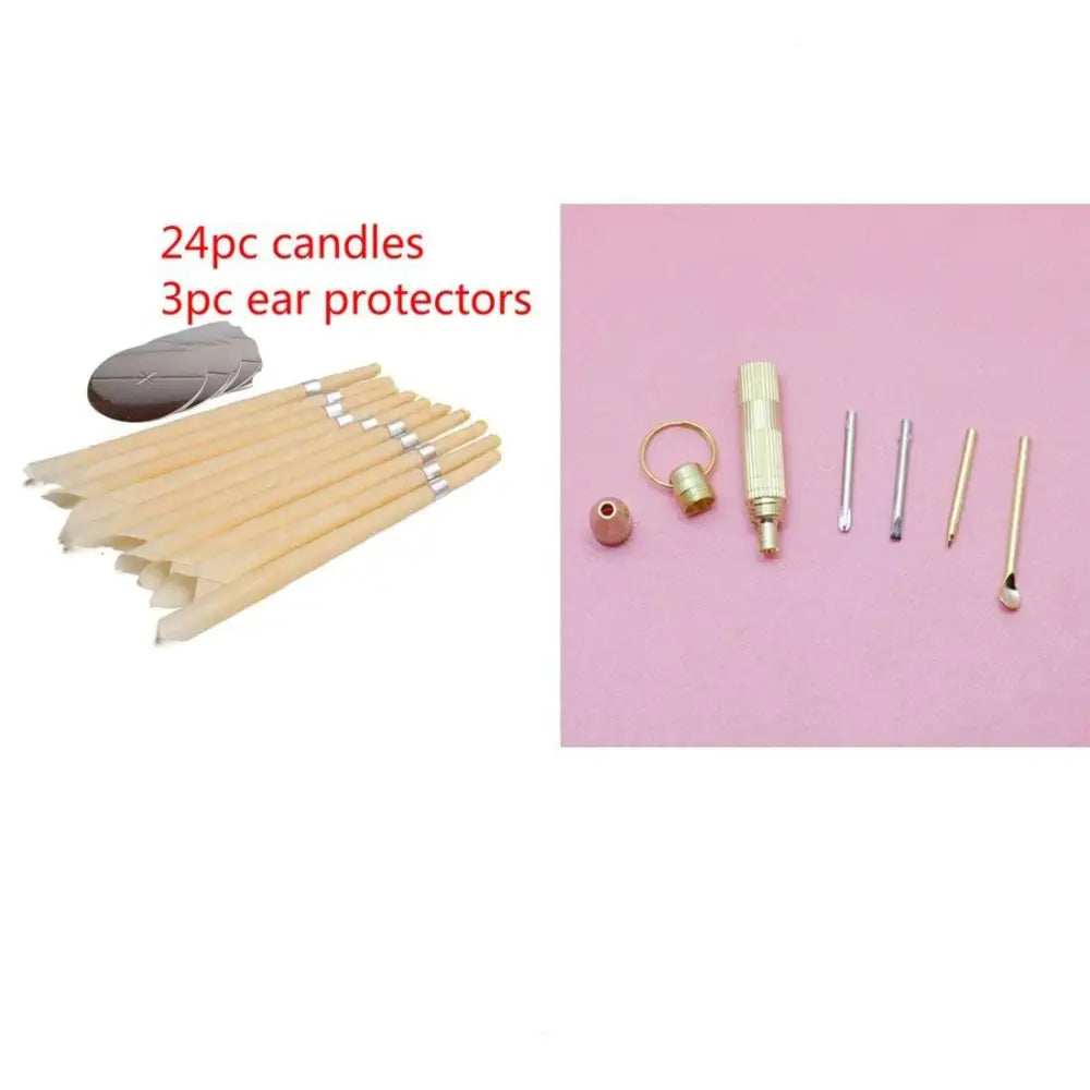 Set of 24 beige coning beewax natural ear candles with silver bands and gold-toned tools for ear healthy care and wax removal
